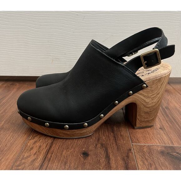 KORK-EASE Darby Black Leather Woodgrain Platform Slingback Clogs Shoes Sz 9M - Picture 6 of 13